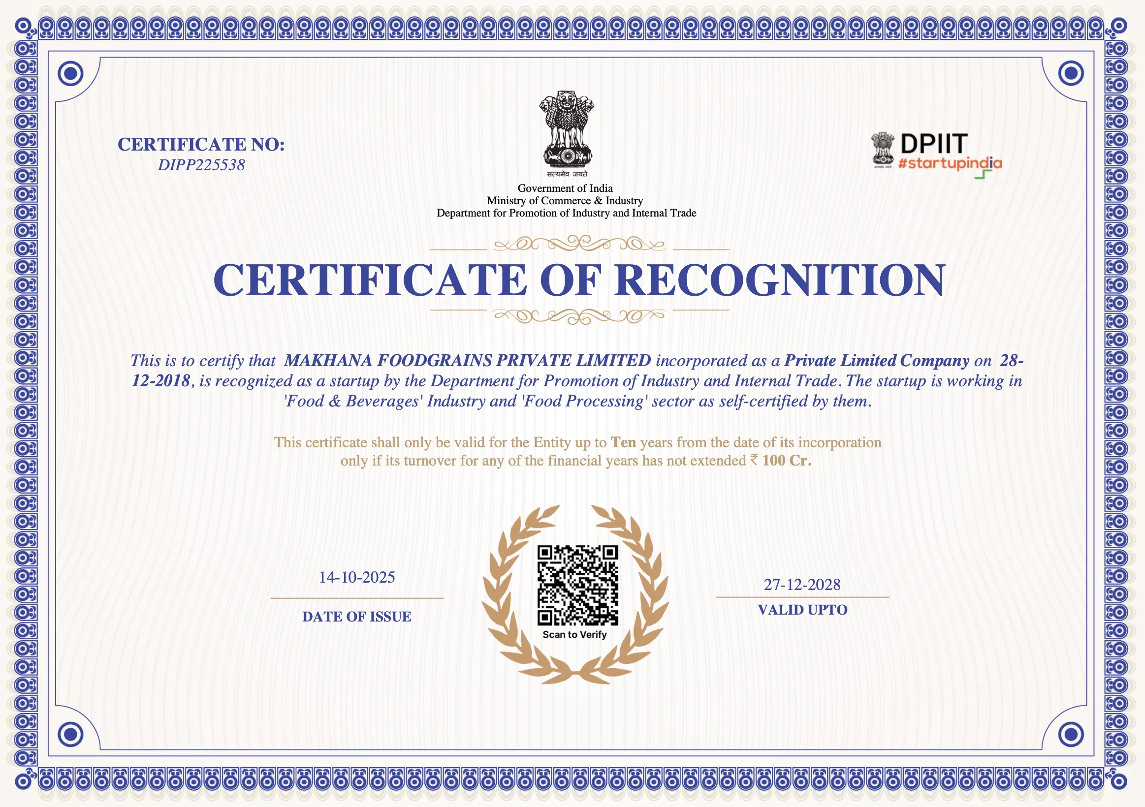 DPIIT Startup India Certificate of Recognition